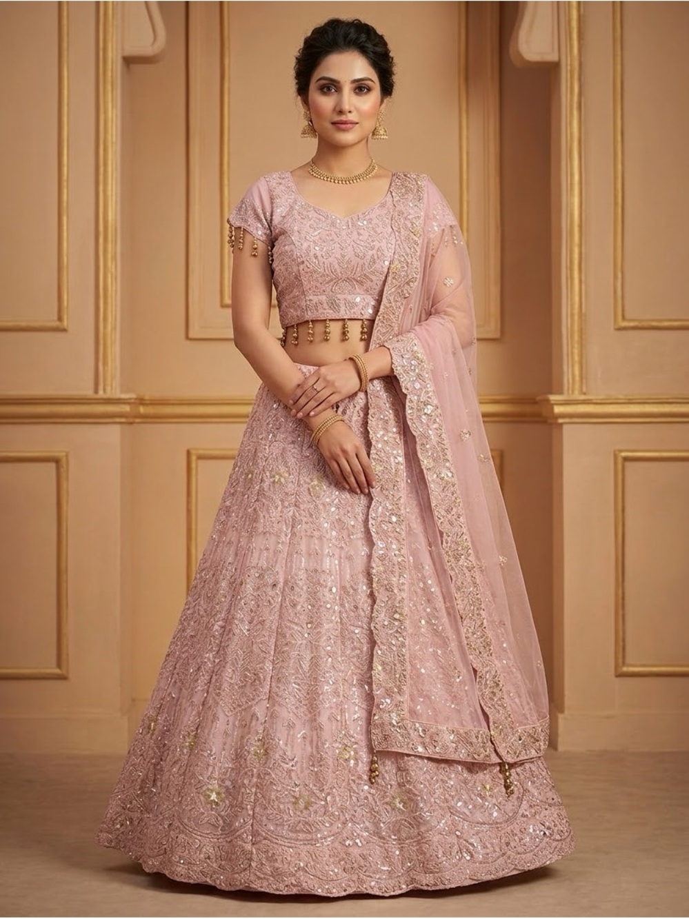 Pastel Pink Bridal Georgette Embroidered Net Lehenga Set